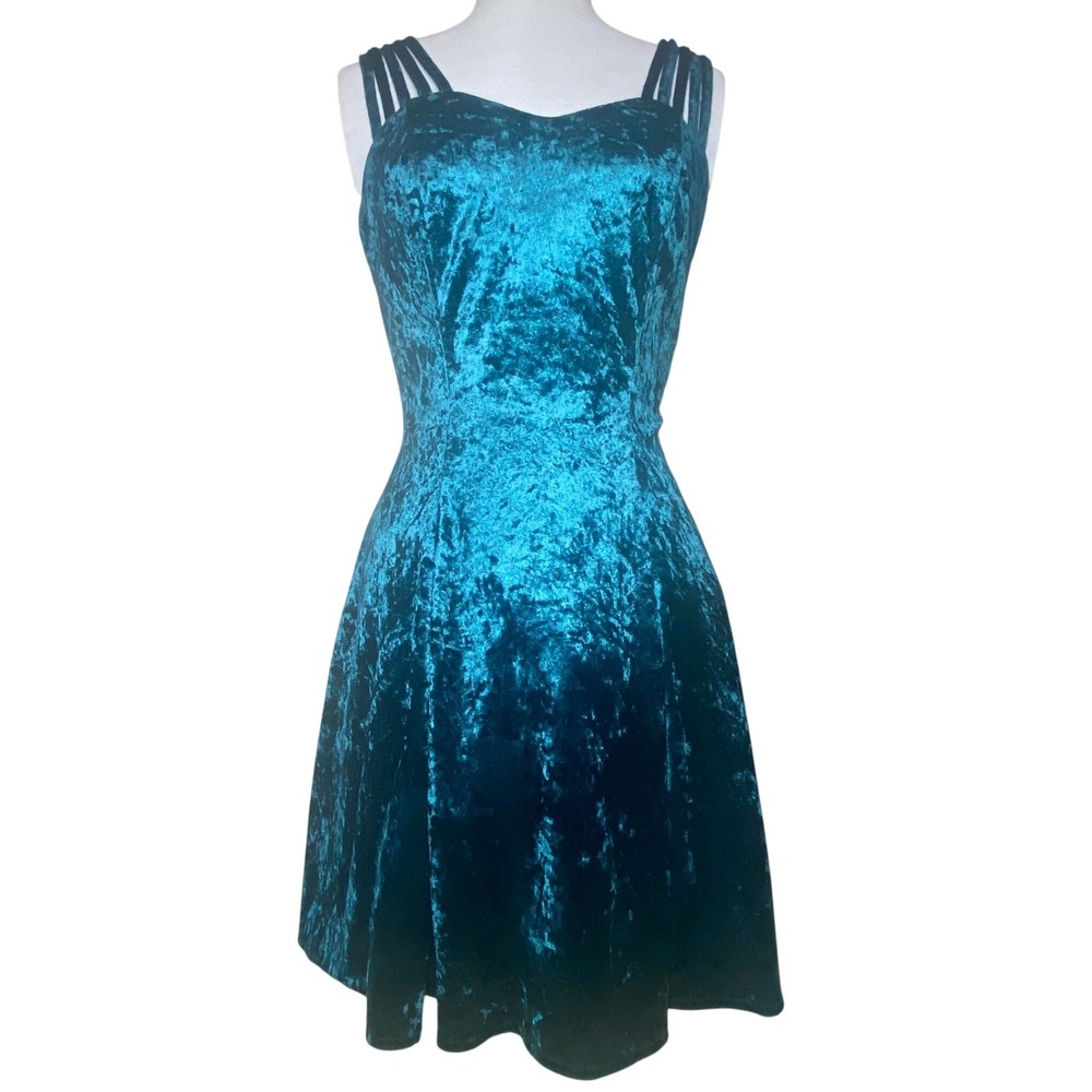 All That Jazz Vintage 90s Teal Crushed Velvet Cage Strap Skater Dress ‎ Med